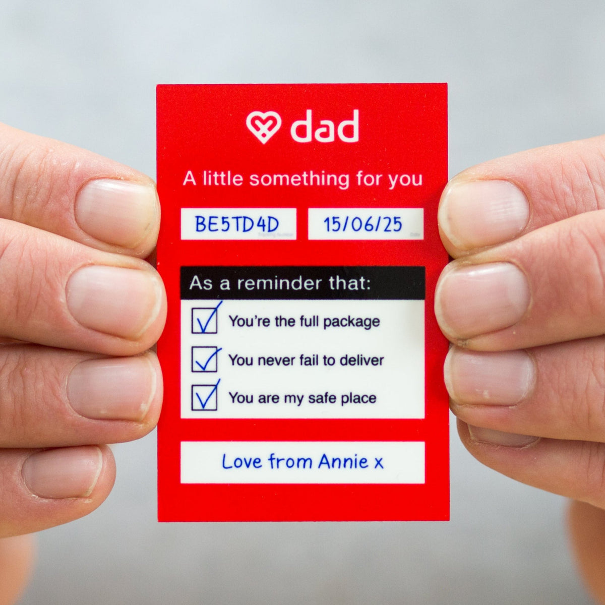 a custom fridge magnet for dad personalised with your name and using  a calling card likeness