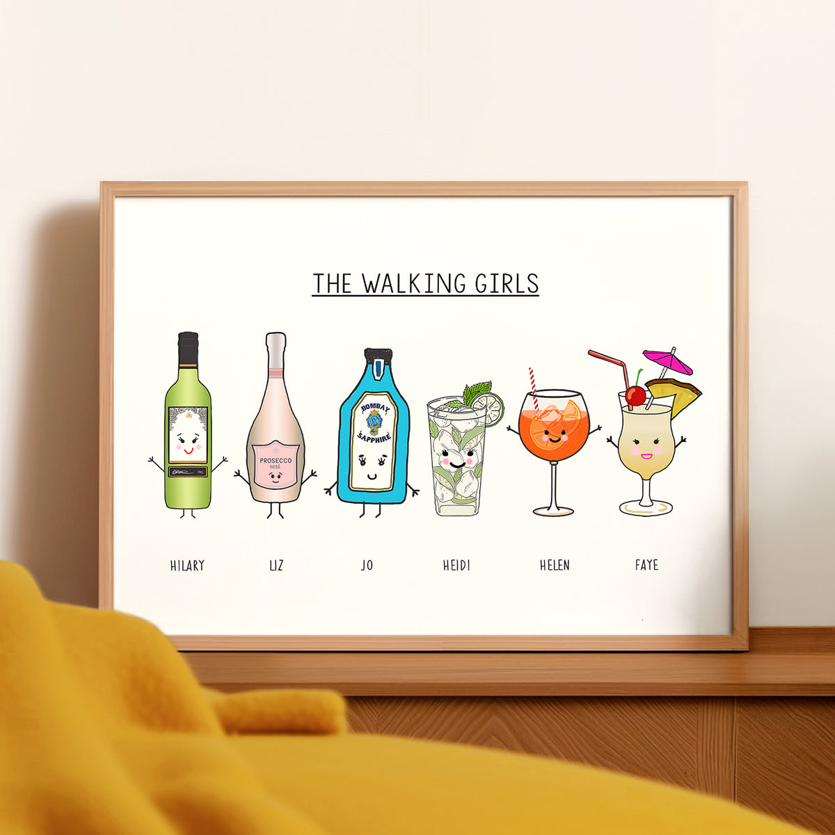 Framed artwork titled 'The Walking Girls' featuring cartoon drinks on a white background.