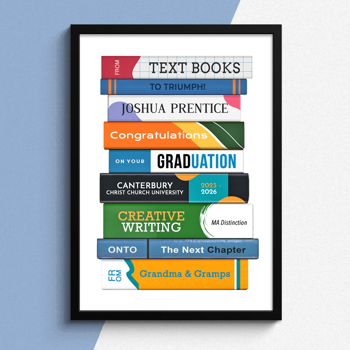 Framed graduation-themed poster with colorful text books on a light blue background