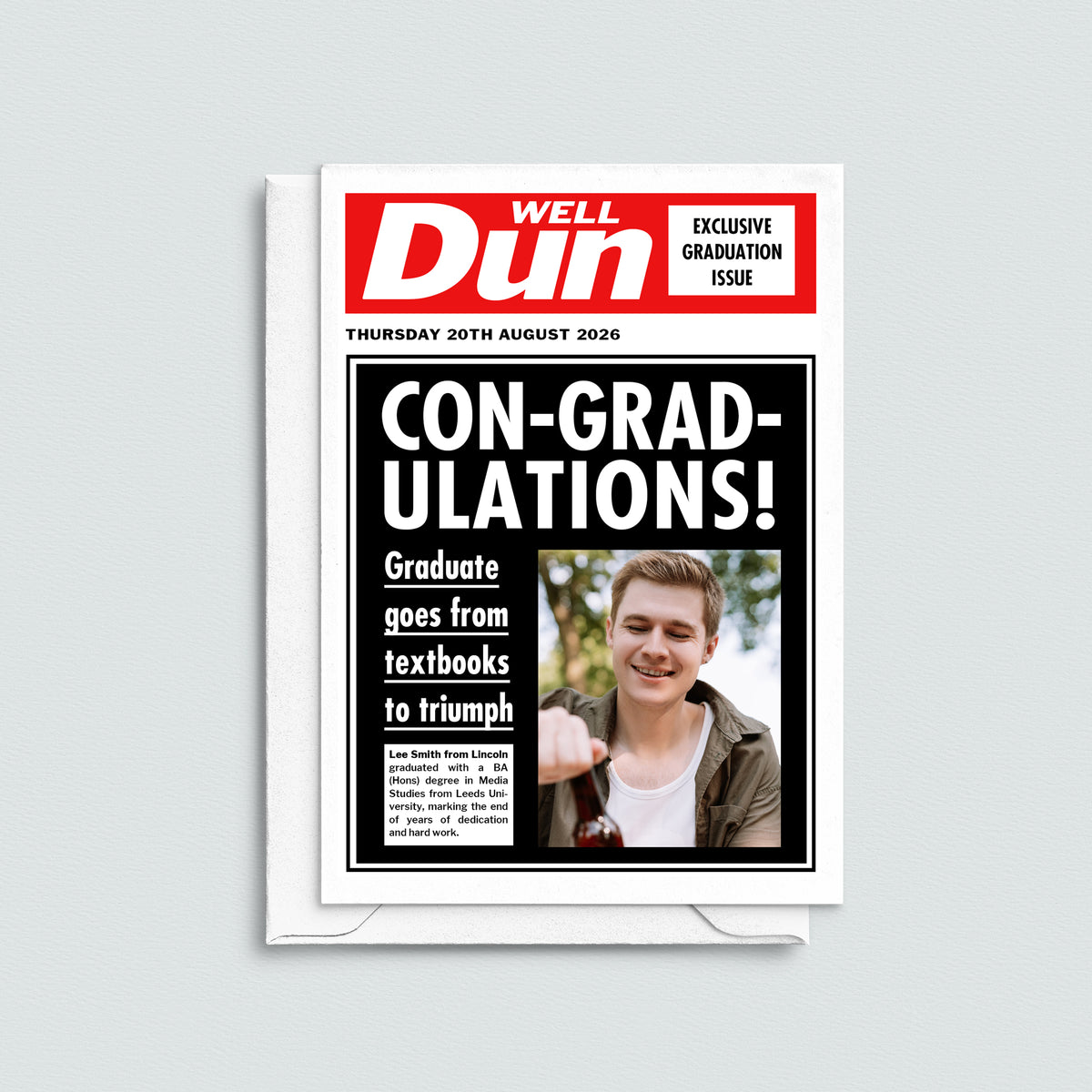Graduation-themed newspaper with a congratulatory headline on a light gray background