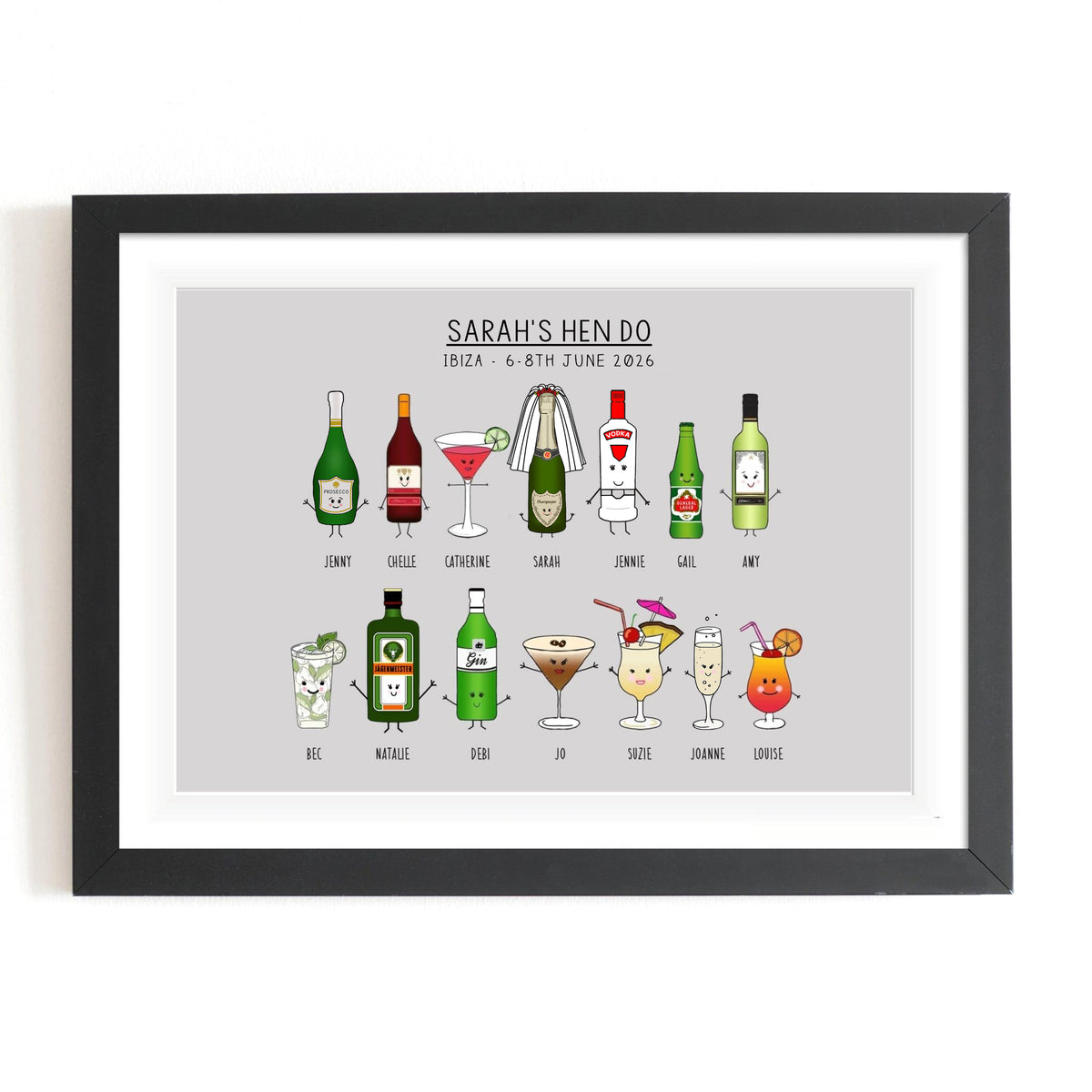 a personalised print featuring illustrations of each hen party member as their favourite drink pictured in a black frame against a white background