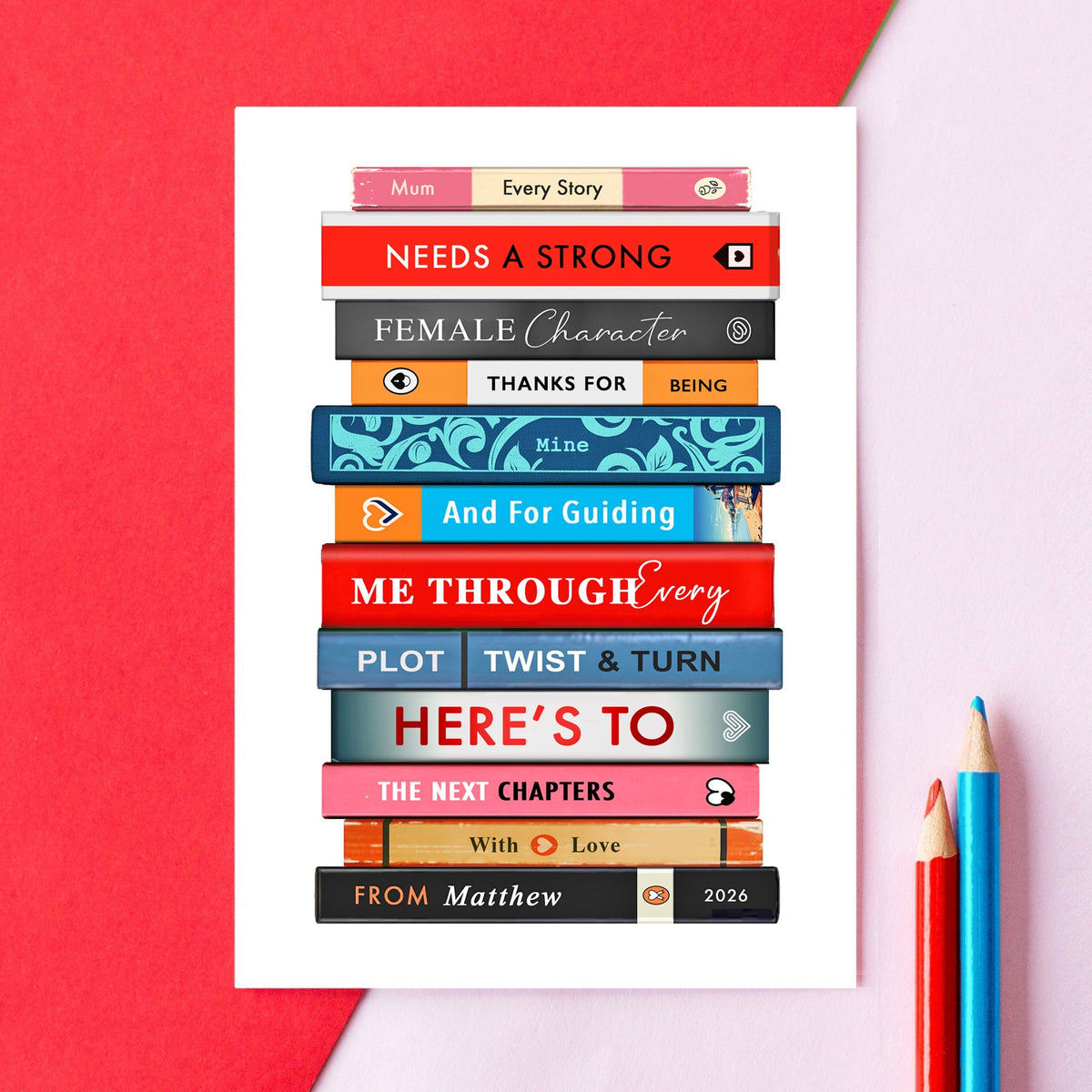 book themed mother's day card personalised with a name and literary words on a stack of books