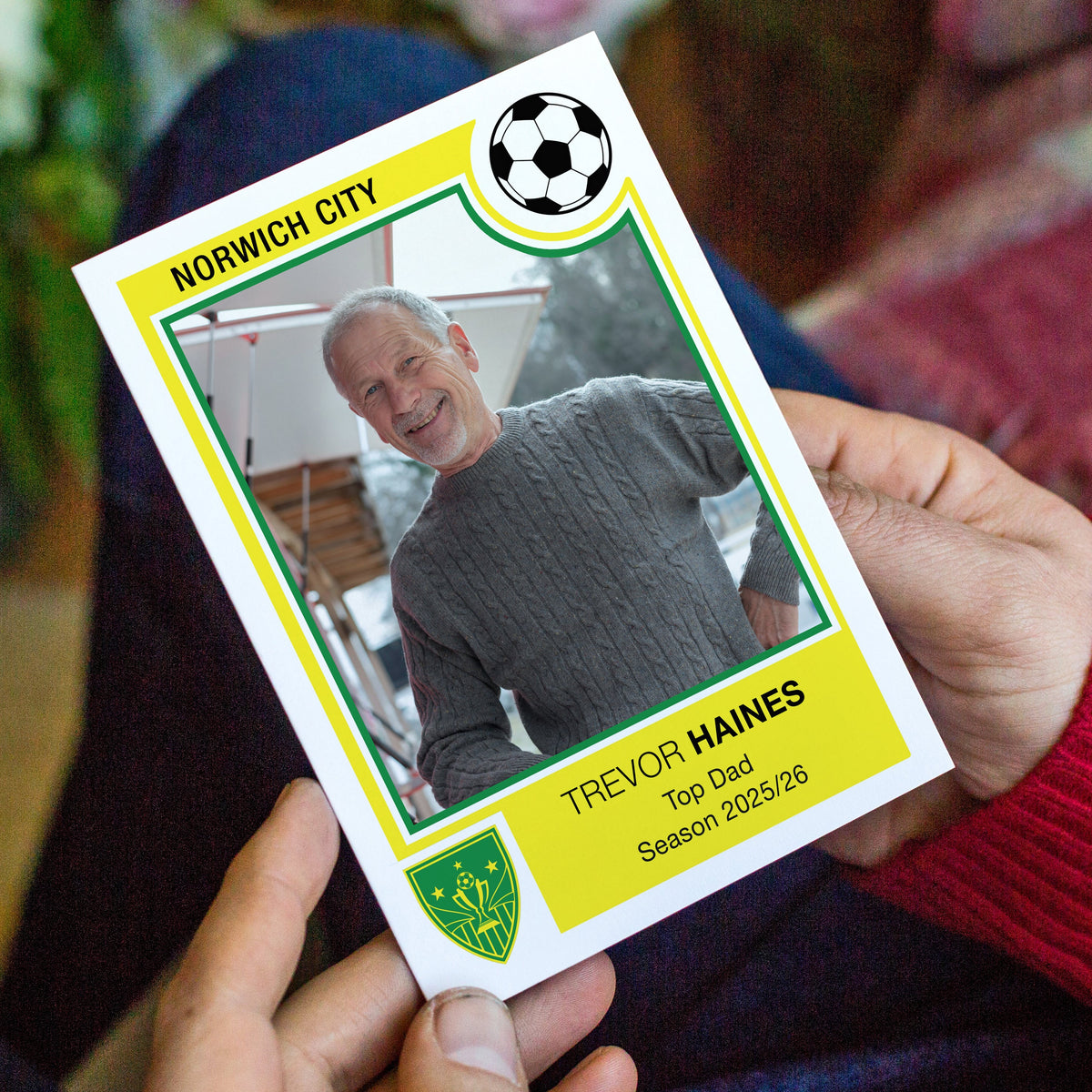 Custom photo card featuring a person with 'Norwich City' branding and text about 'Top Dad'.