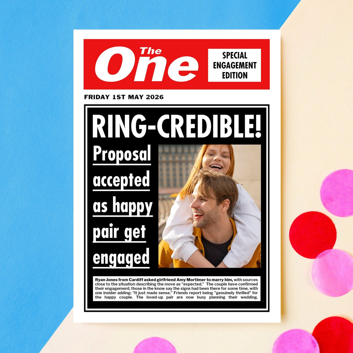 Newspaper-style poster with 'Ring-Credible!' headline and couple photo on a colorful background
