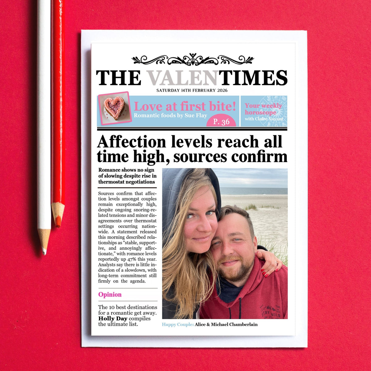 Personalised Valentine's card featuring a newspaper titled 'The Valen Times' on a red background with a couple on the cover.