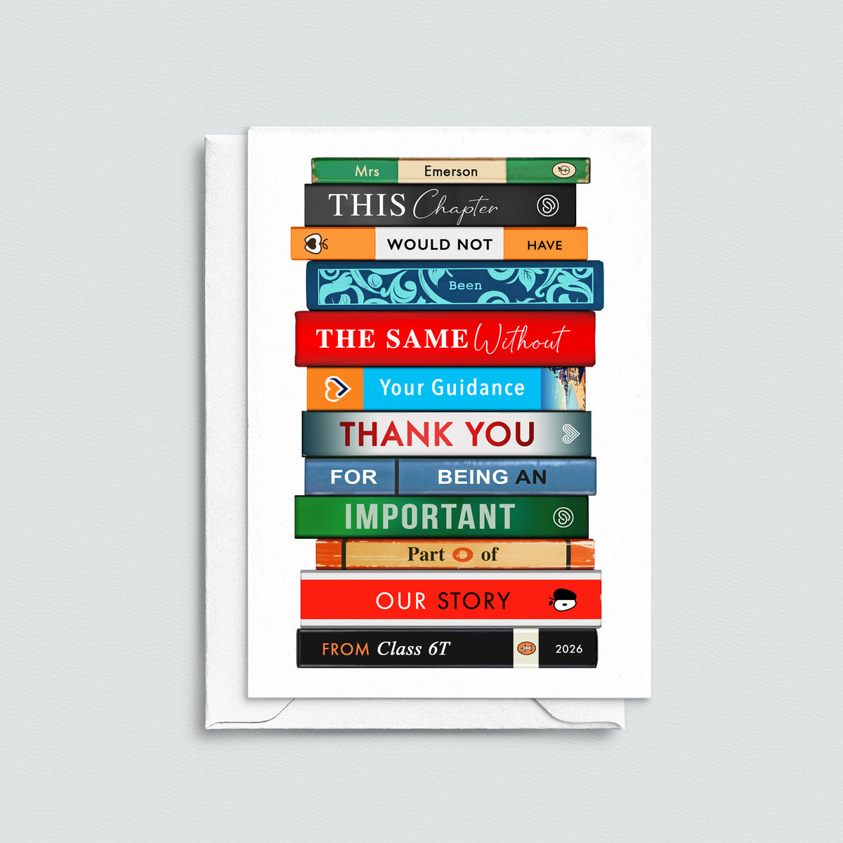 Card with colorful book stack design on a light gray background