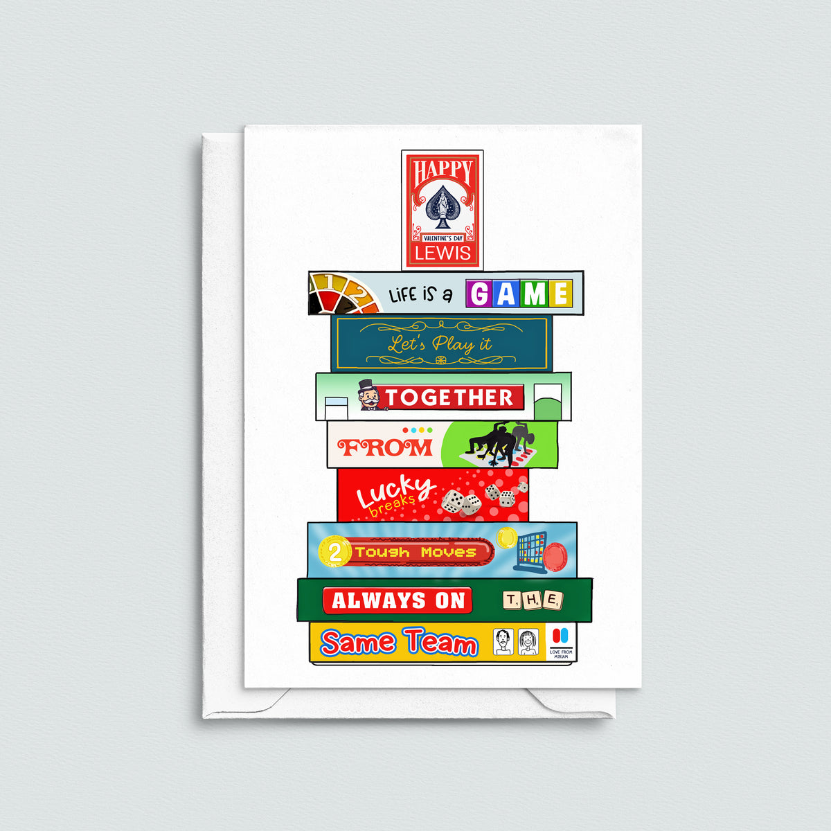 Greeting card with colourful text and board games illustrations with personalised text  on a white background
