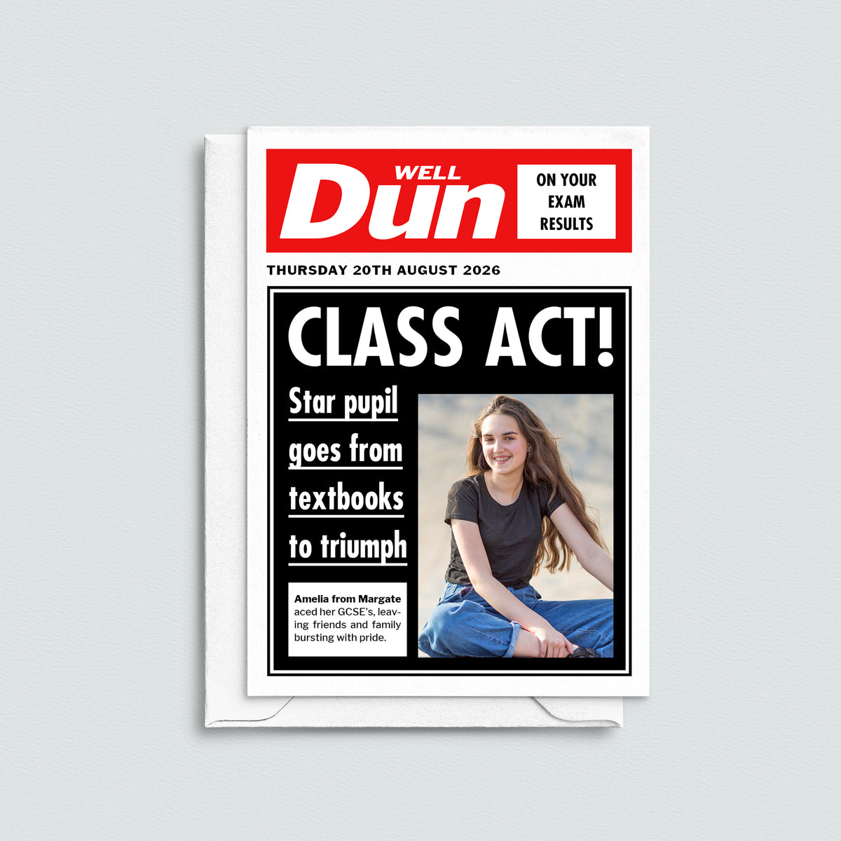 Newspaper-style card with a headline about exam results and a photo of a girl on a light gray background