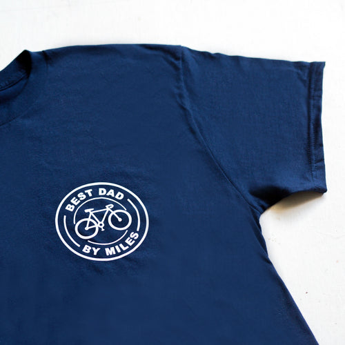 black or navy t-shirt for dad with 'best dad by miles' and bicycle logo