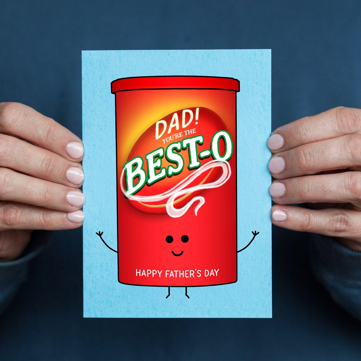 Father's Day card with a red Bisto gravy container and 'Dad, you're the best-o' text on a blue background.
