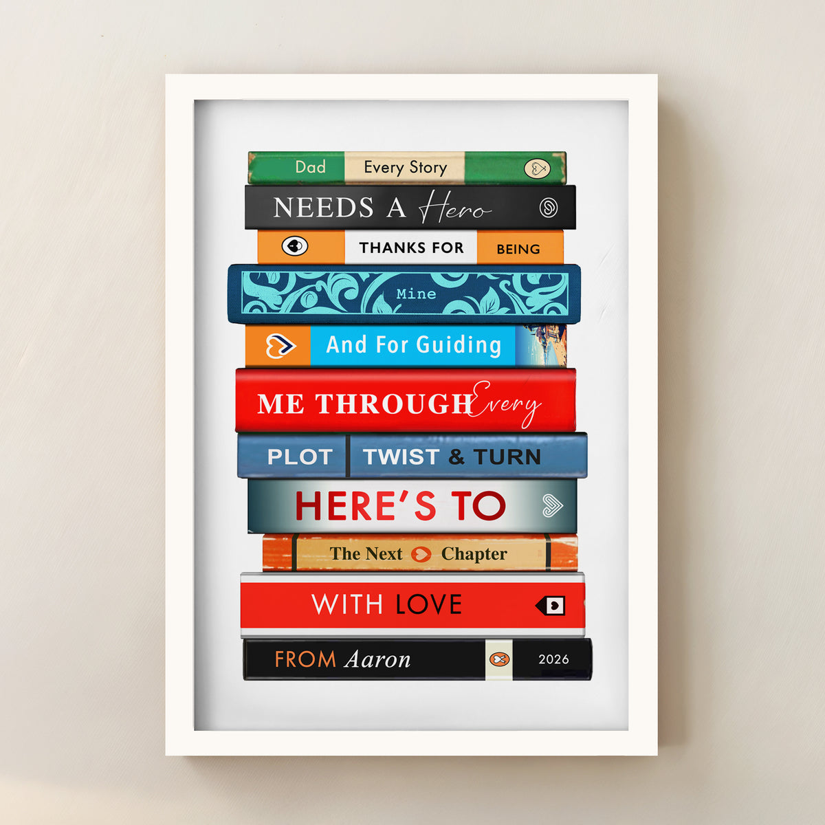 Framed artwork of books with personalised text to Dad on a beige background
