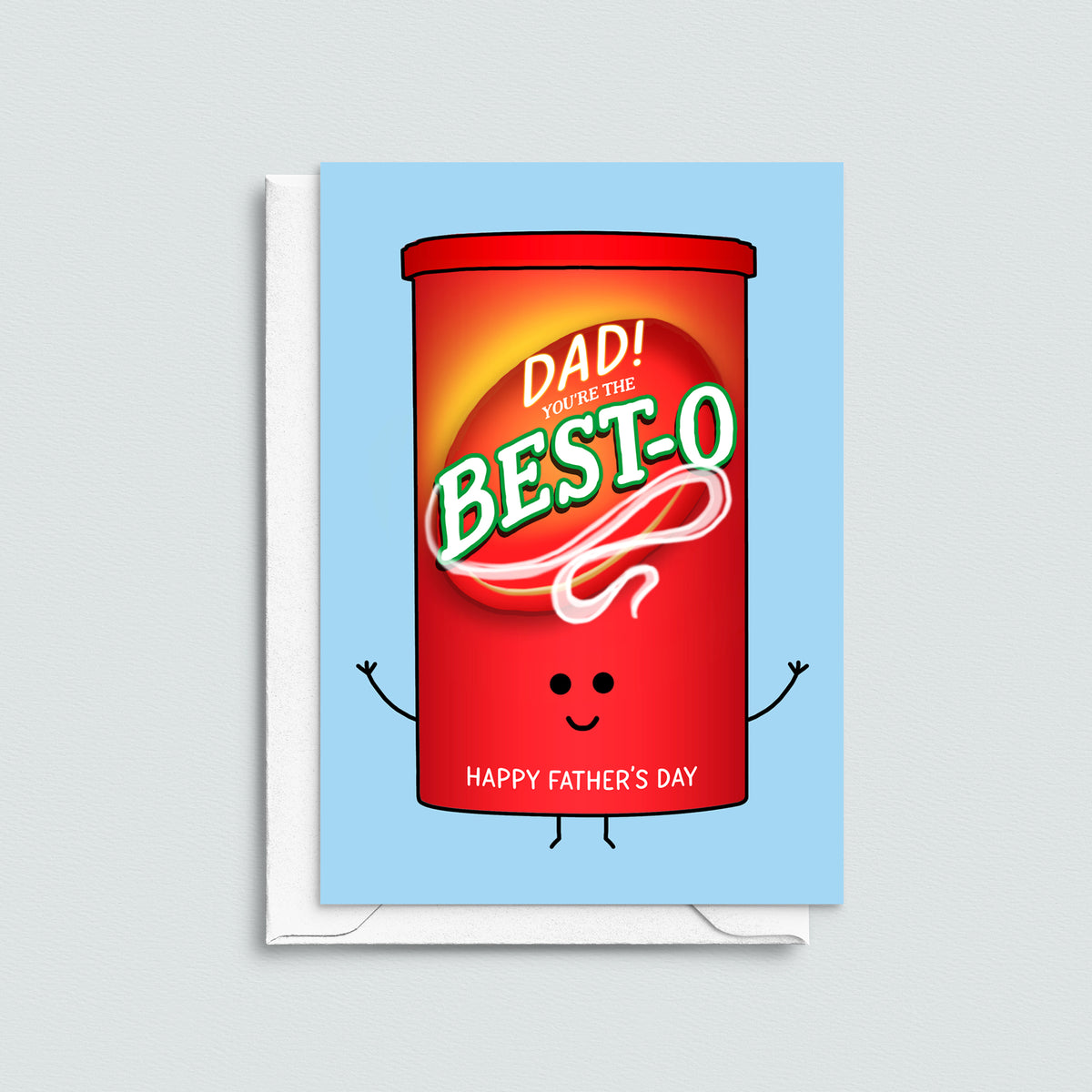 Father's Day card with a cartoon red bisto gravy carton labeled 'Best-O' on a light blue background