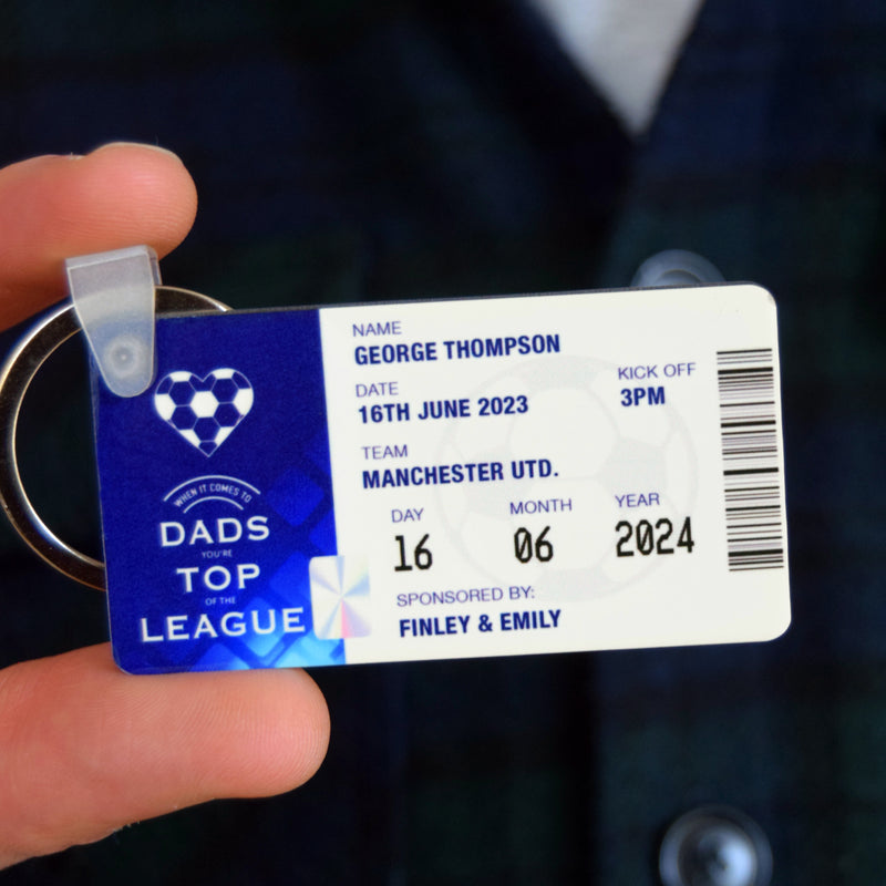 Custom keyring for a Dad who loves football designed to look like a football ticket