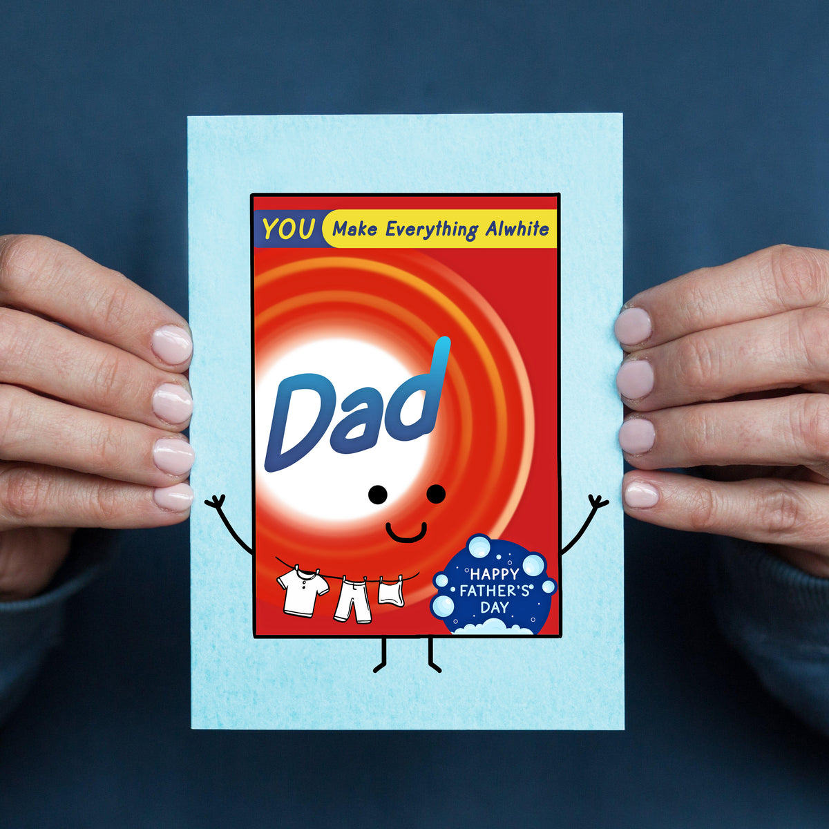 cute washing powder themed father's day card for Dad with a cute illustration and funny pun
