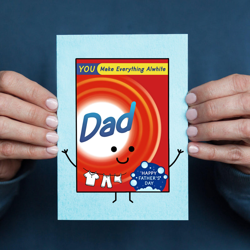 cute washing powder themed father's day card for Dad with a cute illustration and funny pun