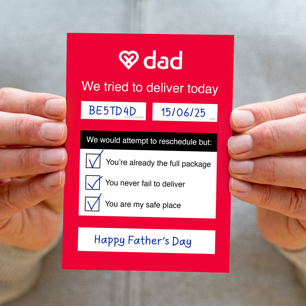 father's day card based on a DPD calling card which instead says DAD and has puns and word play round deliveries. 