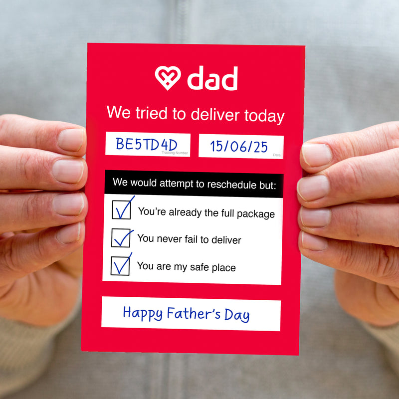 father's day card based on a DPD calling card which instead says DAD and has puns and word play round deliveries. 