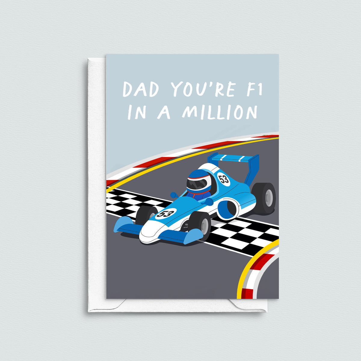 a formula 1 themed card for Dad with a pun about motor racing and an illustration of a formula 1 car