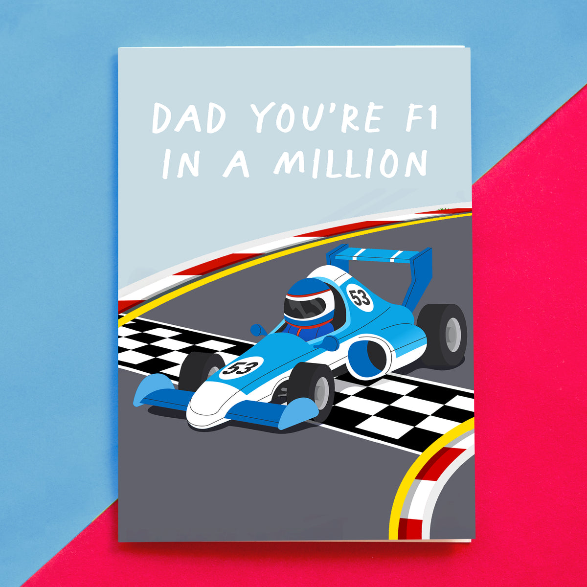 a father's day card for a motor racing loving Dad. Whether its just the Grand prix every year or he's an avid F1 fan this card with a motor sport pun will make him smile