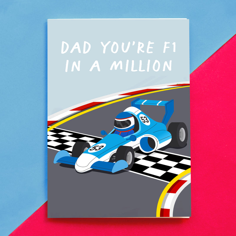 a father's day card for a motor racing loving Dad. Whether its just the Grand prix every year or he's an avid F1 fan this card with a motor sport pun will make him smile