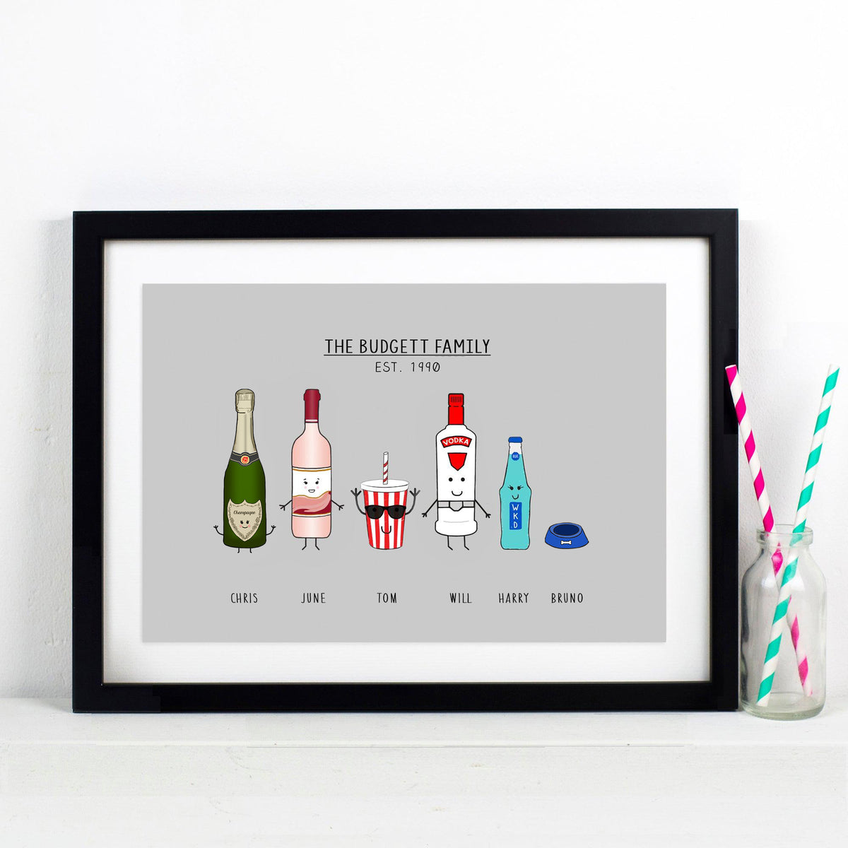 Framed artwork titled 'The Budgett Family' with cartoon character bottles on a gray background.