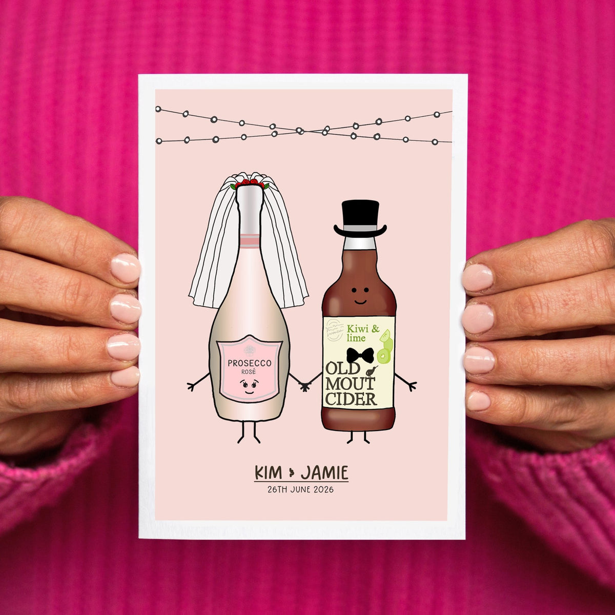 Illustration of Prosecco and Old Mout Cider with a pink background, held by hands against a pink fabric background.