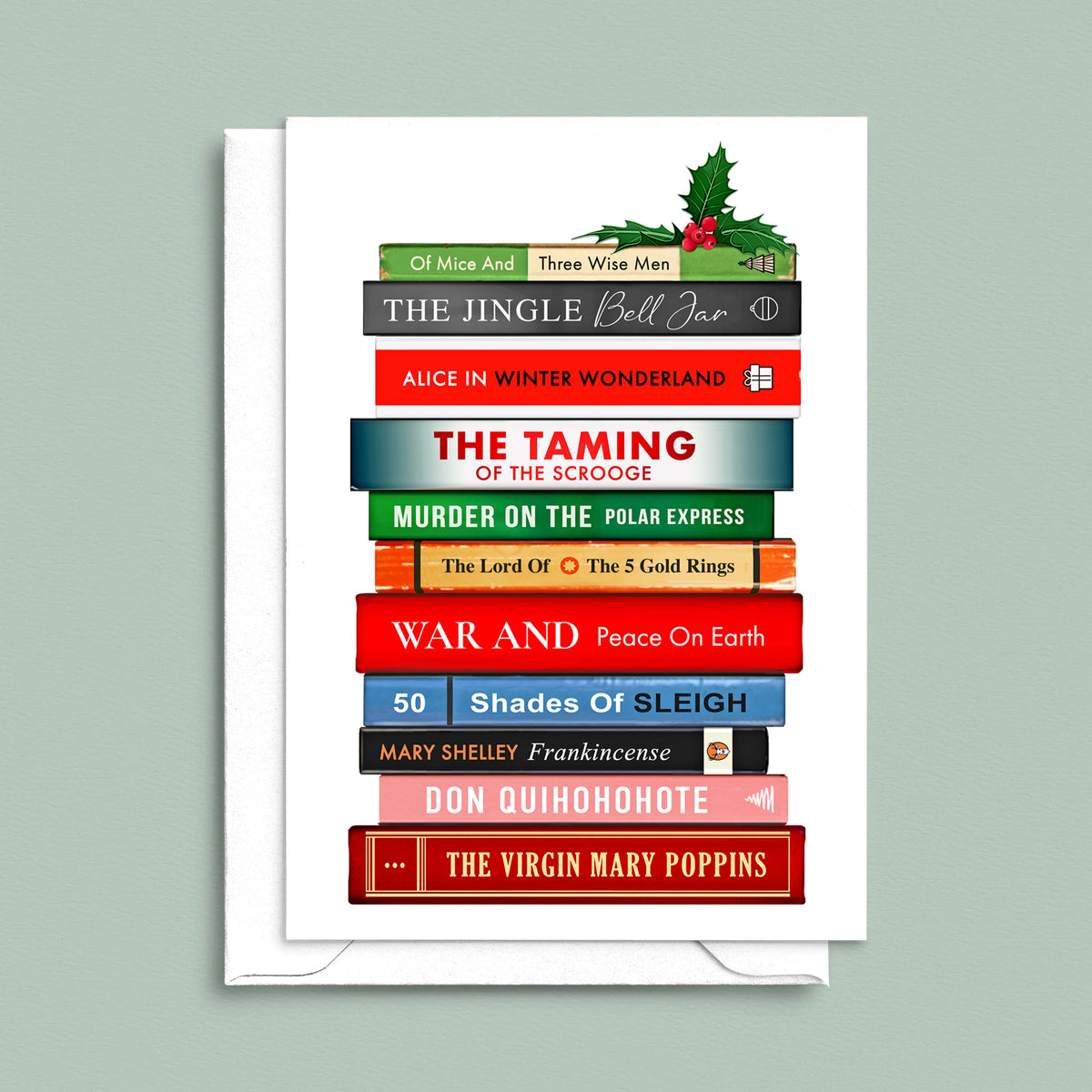 Book-themed Christmas card with bookstack design on a light gray background