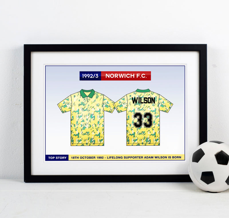 A custom football shirt print personalised with name and number and shirt from era of your choice