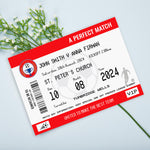 Personalised wedding card designed to look like a football ticket