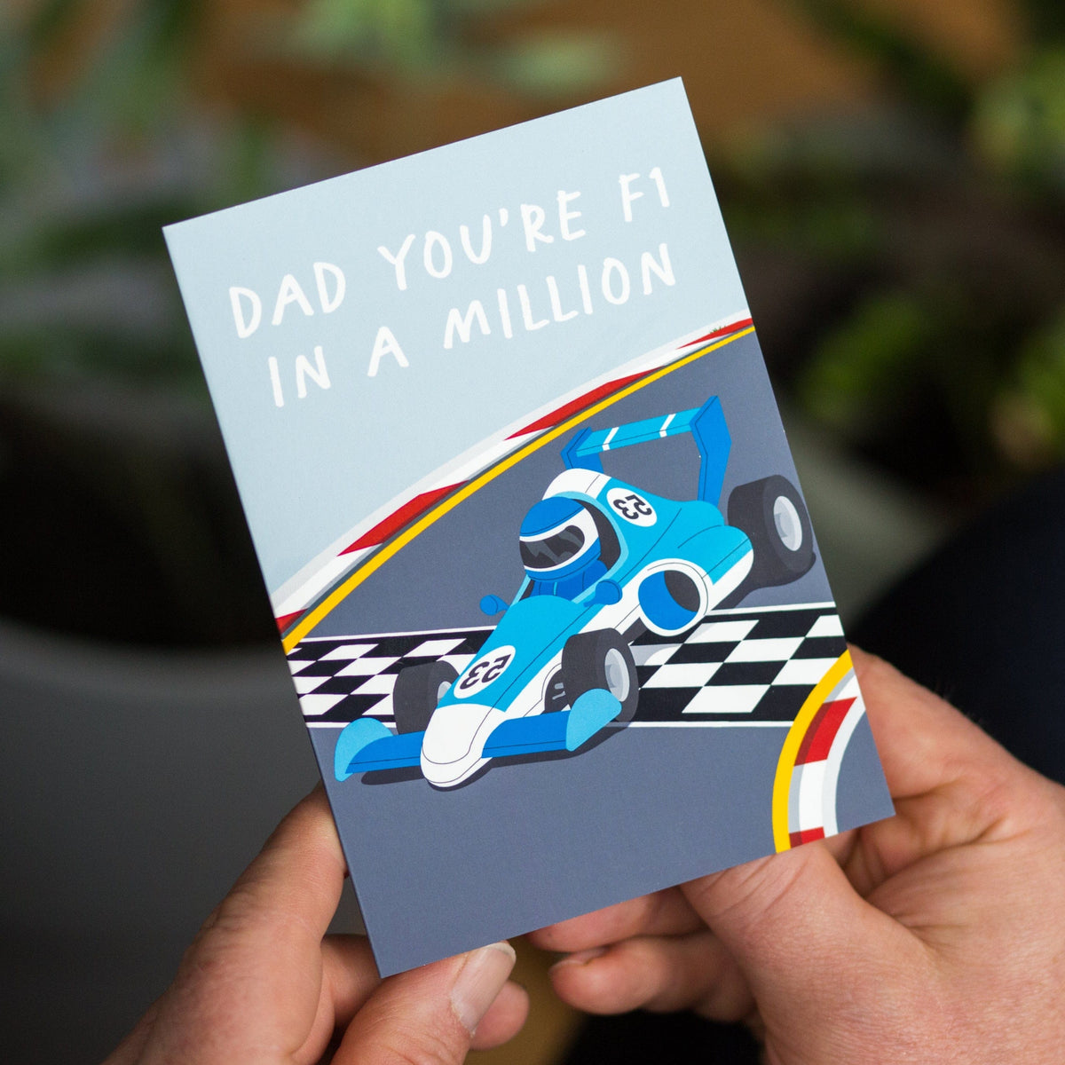 a father's day card for a motor racing loving Dad. Whether its just the Grand prix every year or he's an avid F1 fan this card with a motor sport pun will make him smile