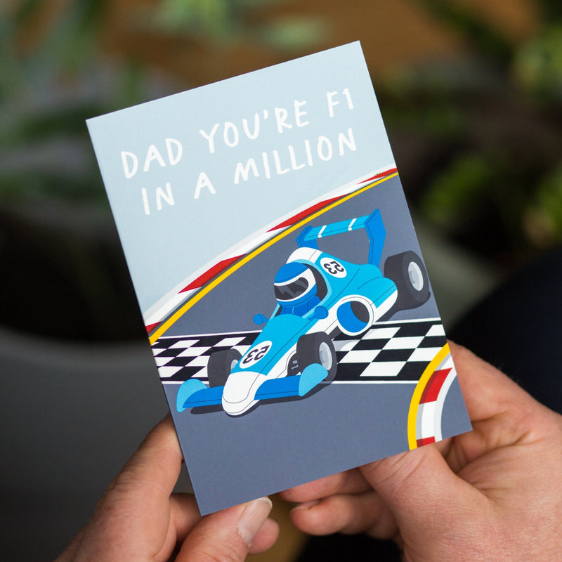 a father's day card for a motor racing loving Dad. Whether its just the Grand prix every year or he's an avid F1 fan this card with a motor sport pun will make him smile
