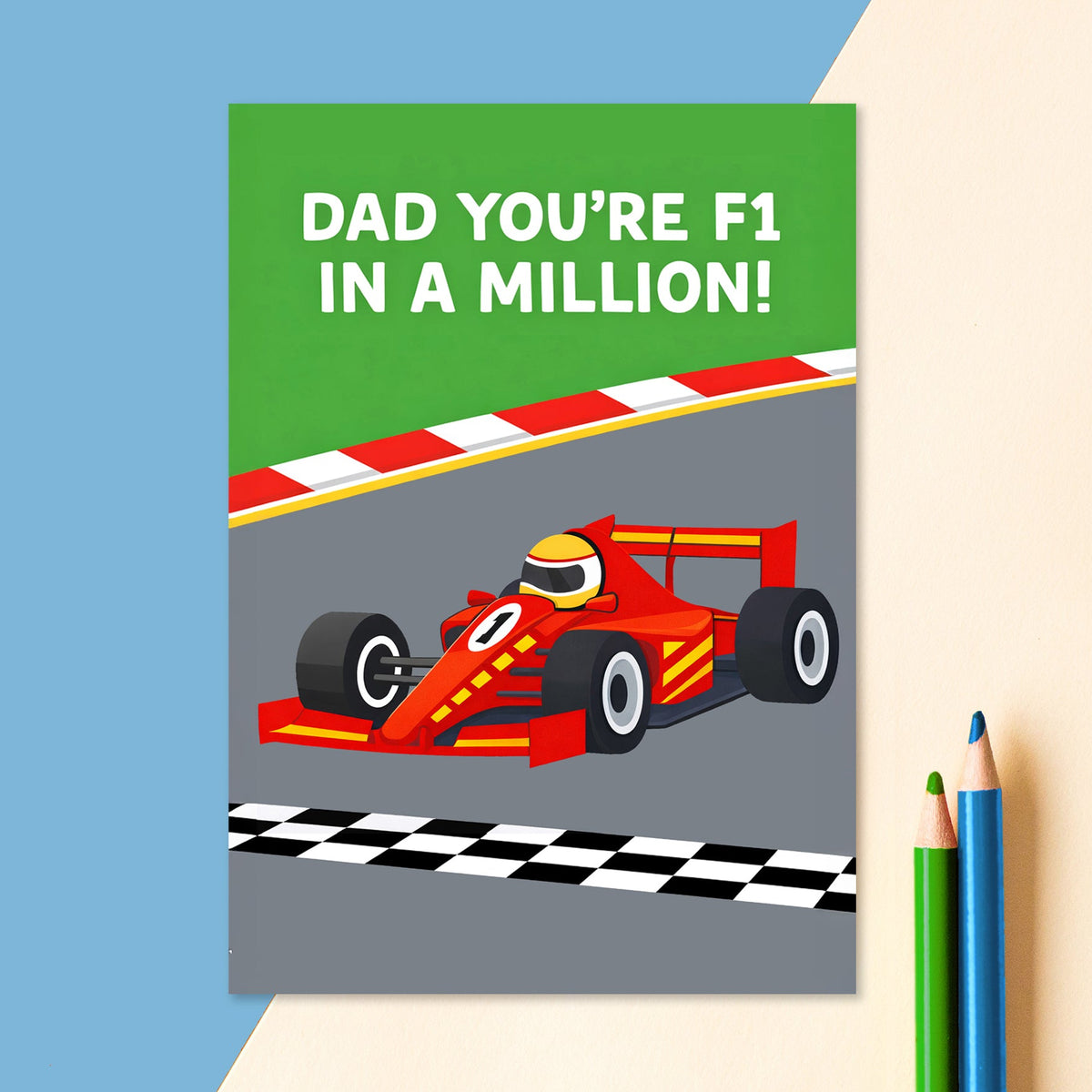 Card with a red racing car and text 'Dad you're F1 in a million!' on a blue and beige background.