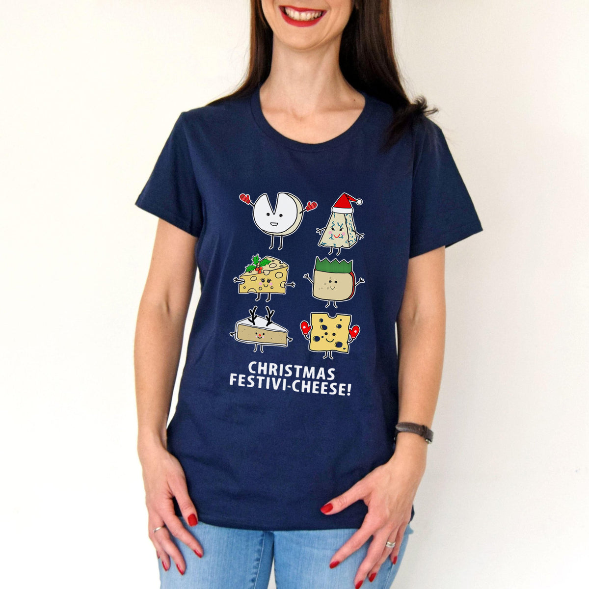 Person wearing a navy blue t-shirt with Christmas-themed cheese illustrations and text.