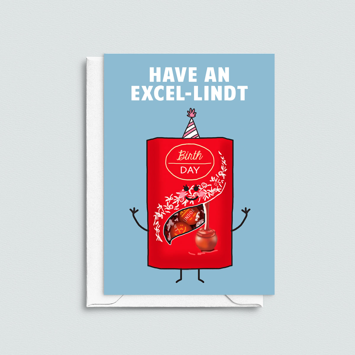 Greeting card with a red Lindt chocolate bar character and text 'Have an Excel-lindt' on a blue background