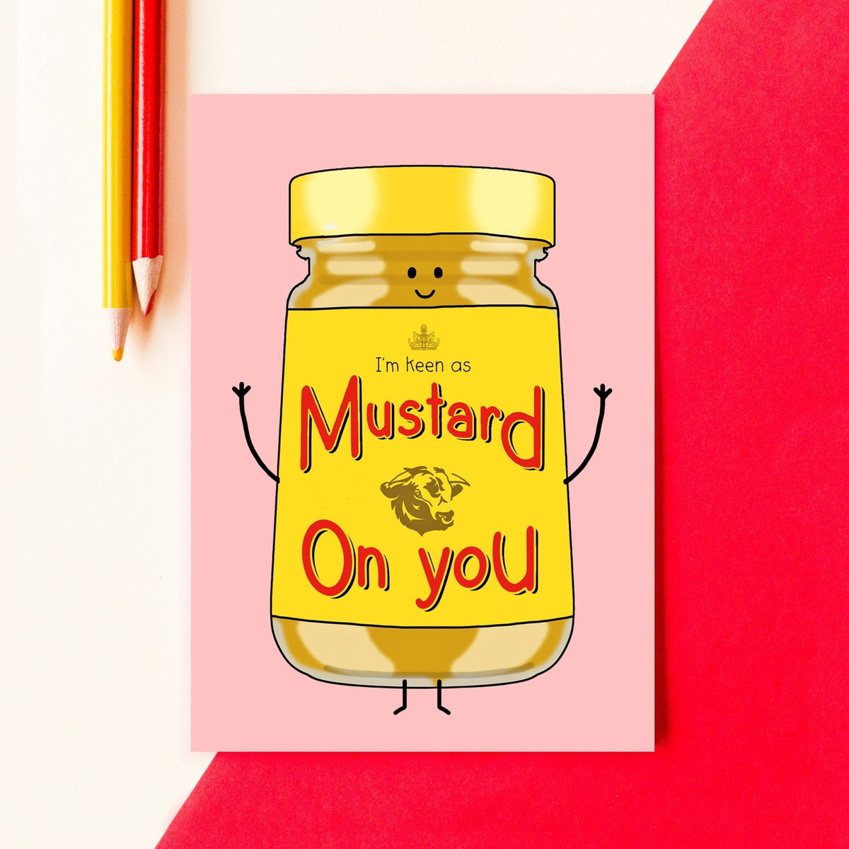 Cartoon mustard jar with text on a pink and red background