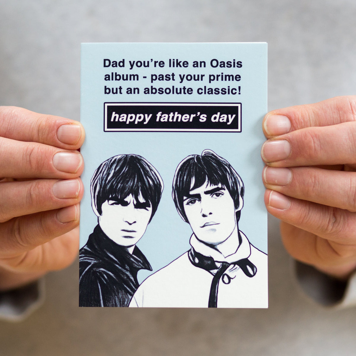 Oasis Father's Day card featuring an illustration of the gallagher brothers by Of Life & Lemons 