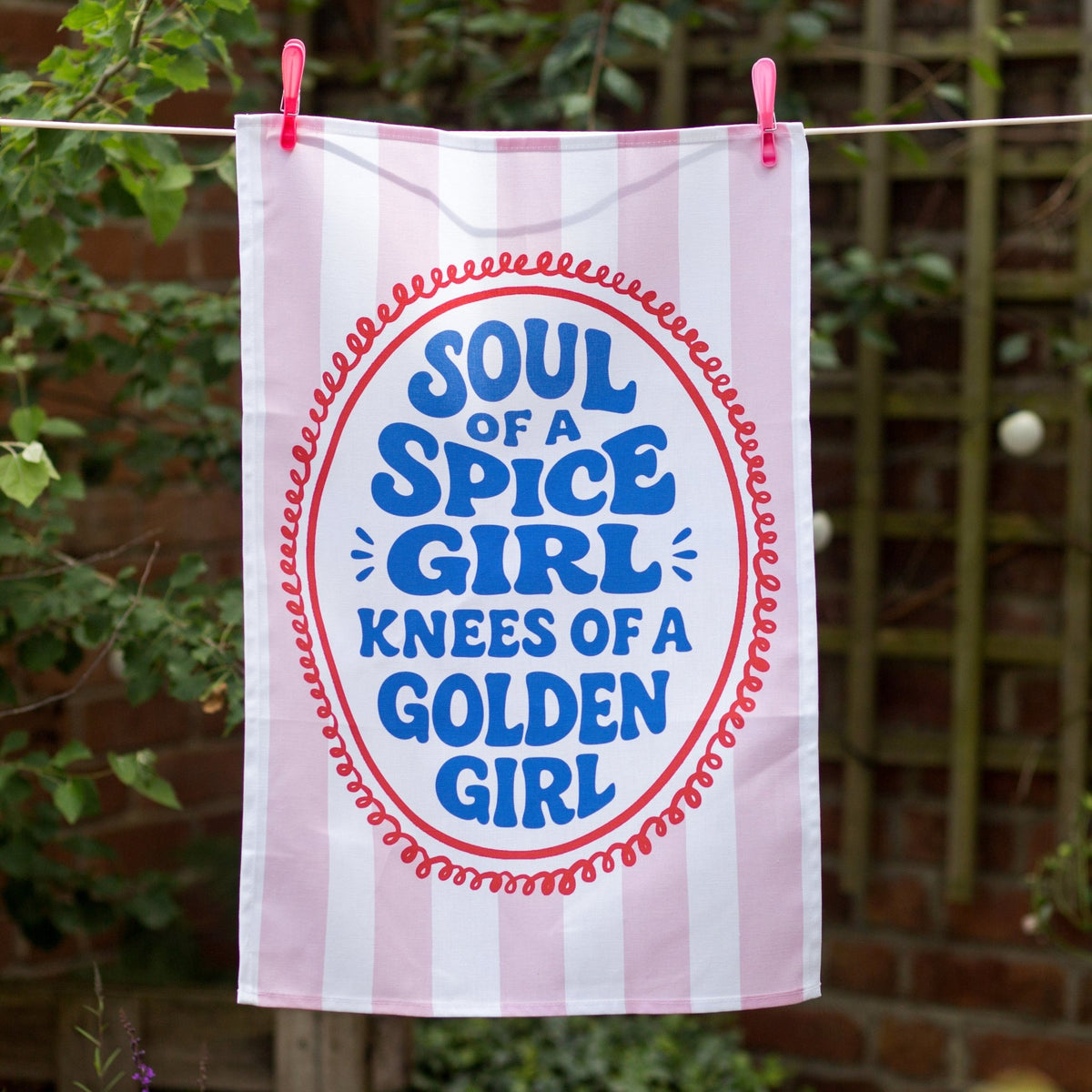 soul of a spice girl knees of a golden girl tea towel on a washing line in a garden