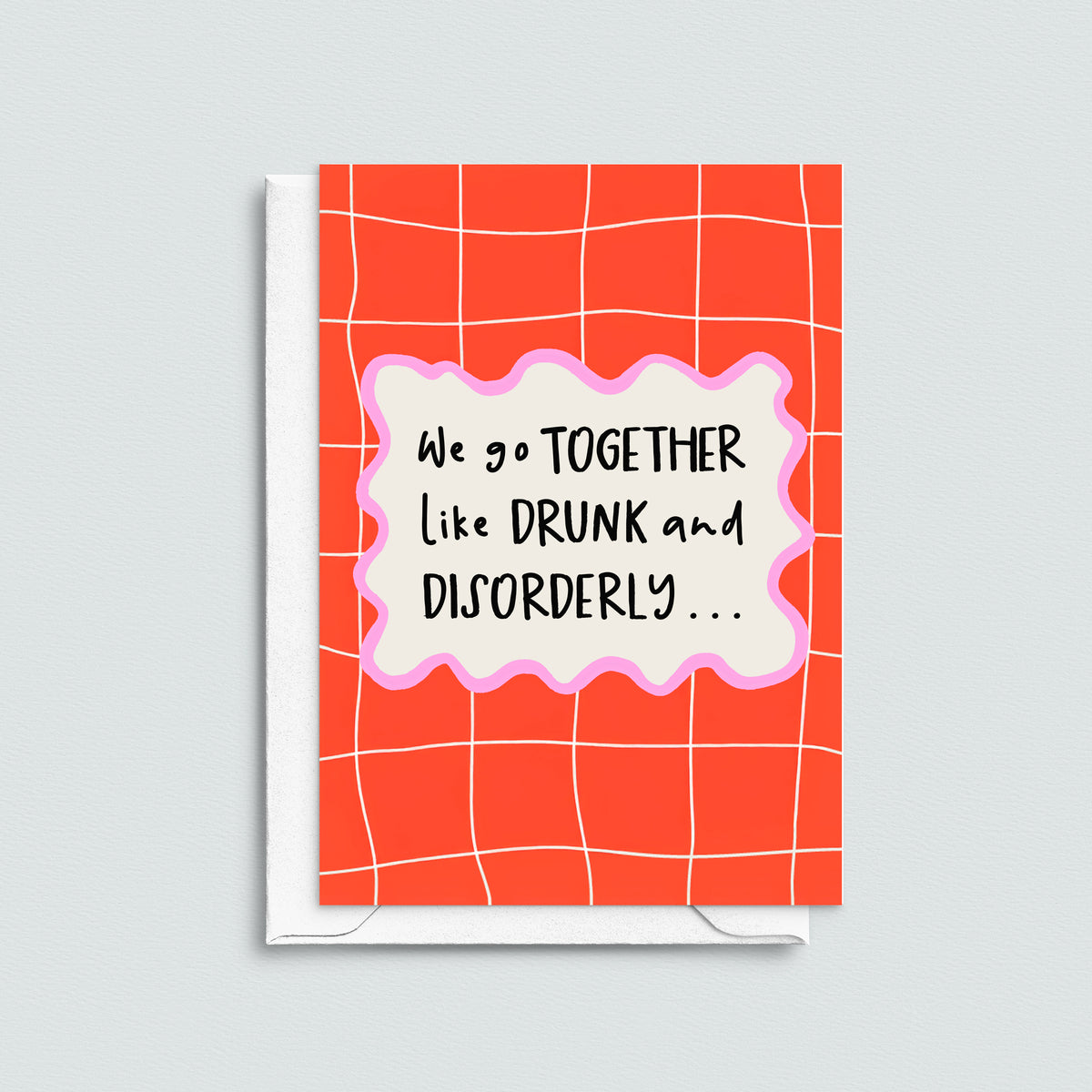 Card with red grid pattern and humorous text on a light gray background