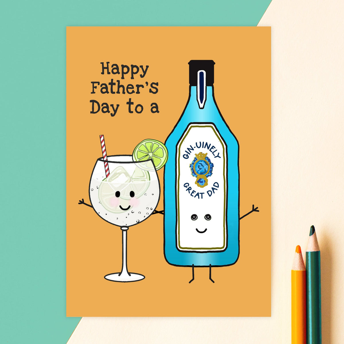 a funny gin pun Father's day card featuring an illustration of a gin bottle and glass