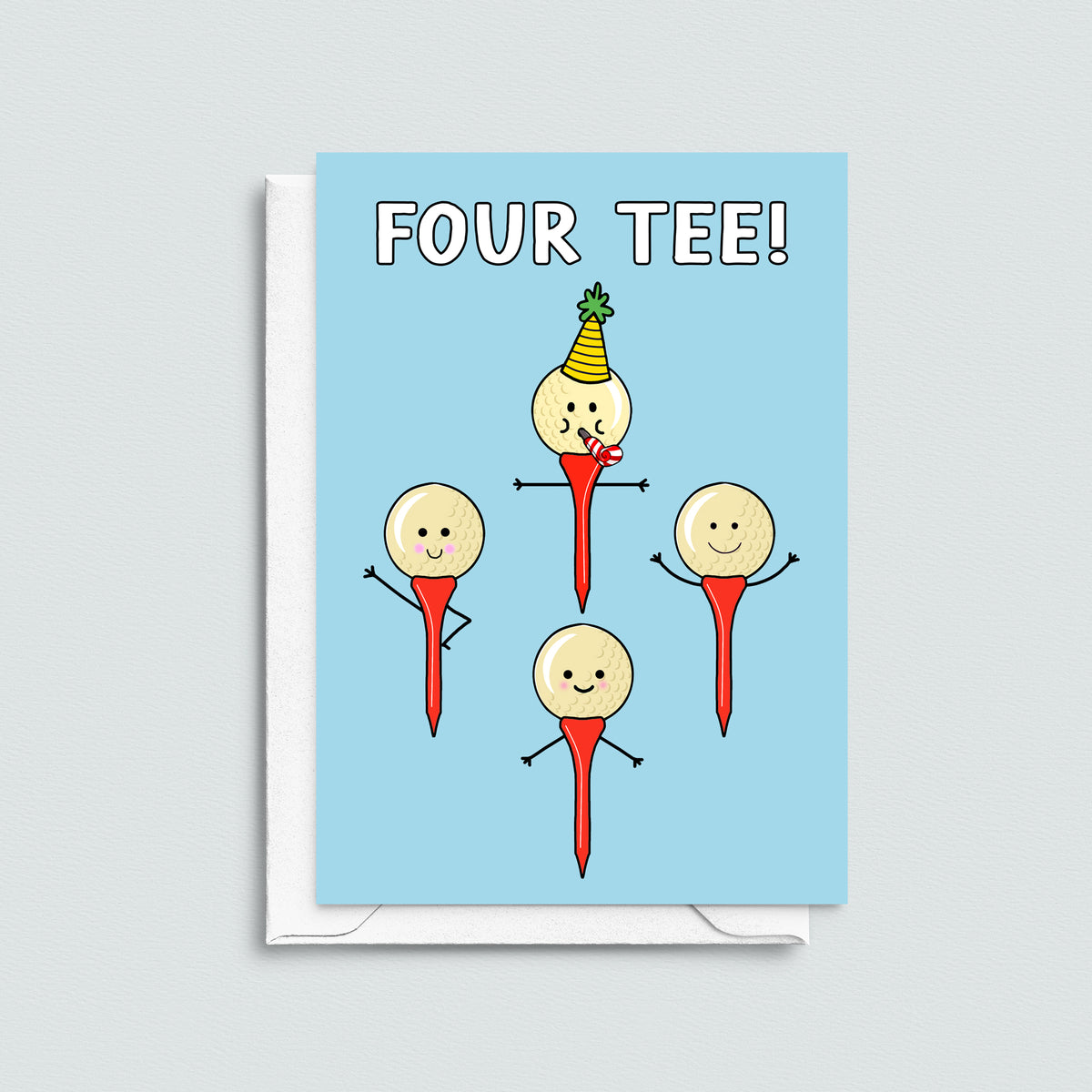 40th birthday card with four golf tees and the words 'Four tee! on a grey background