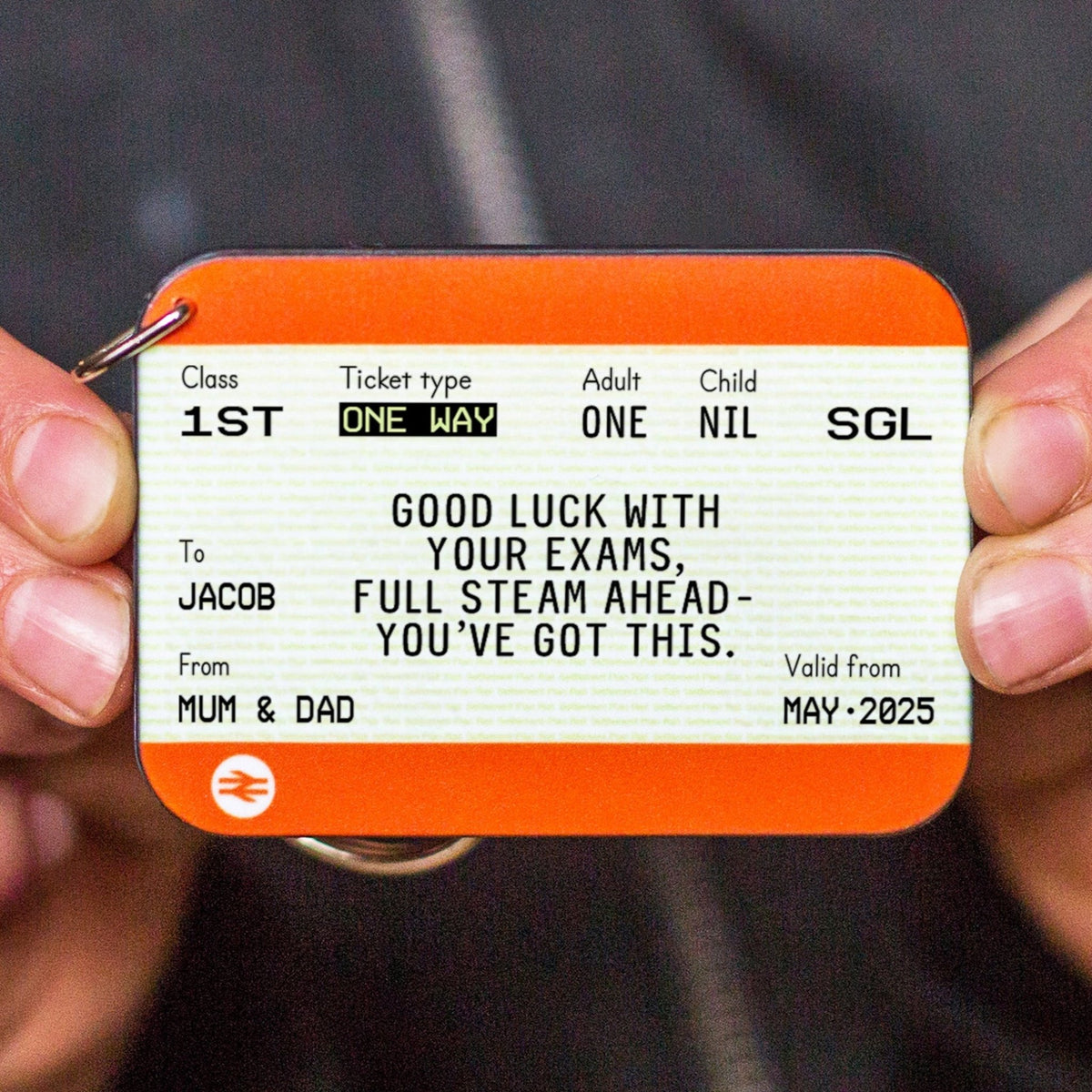 a custom keyring wishing students good luck in their exams