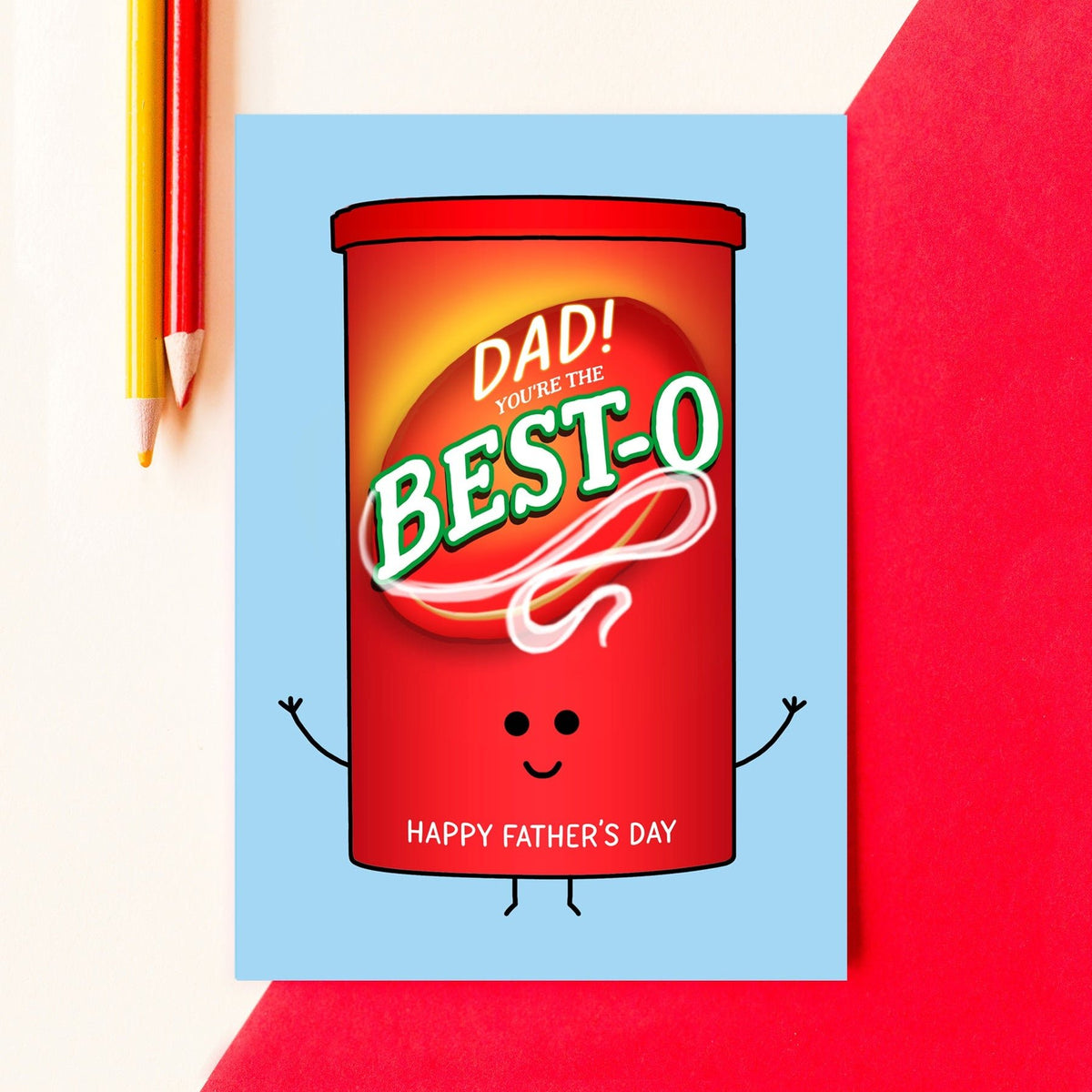 Father's Day card with a cartoon Bisto gravy tub and text on a blue background