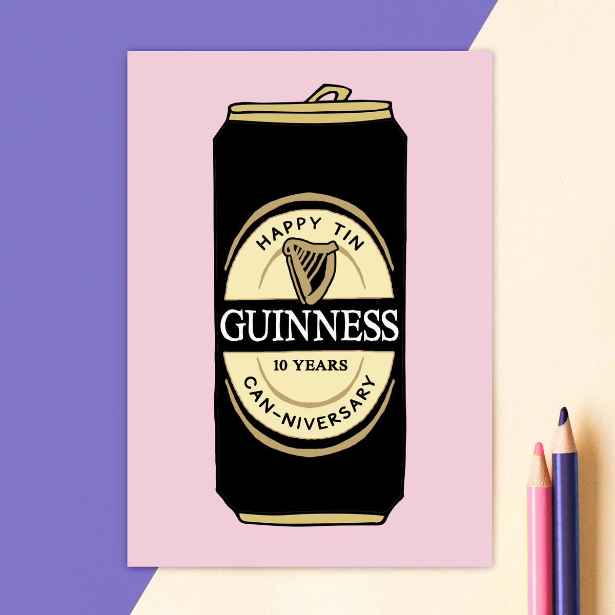 Illustration of a Guinness can on a pink card with a purple background