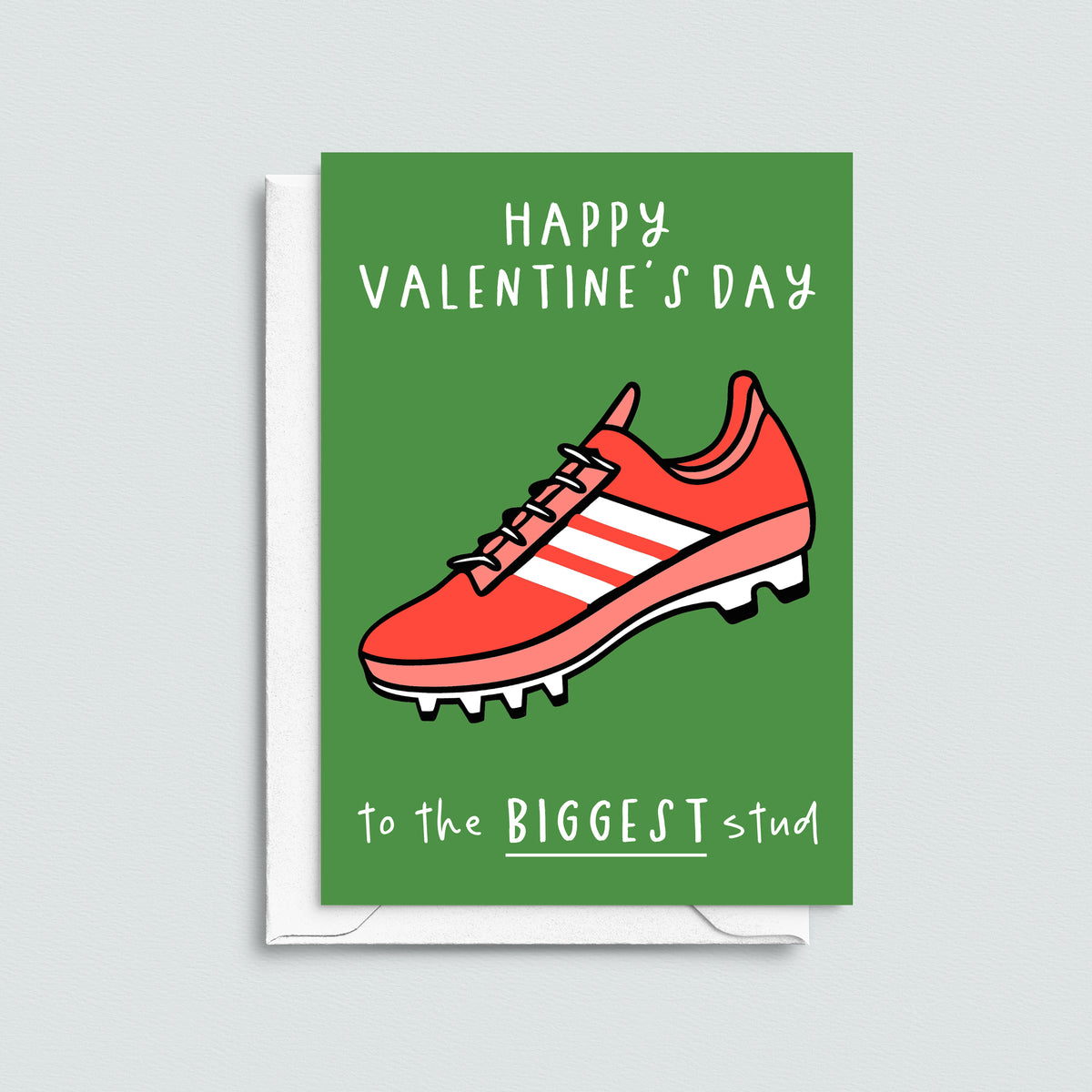 Valentine's Day card with a red football boot illustration on a green background