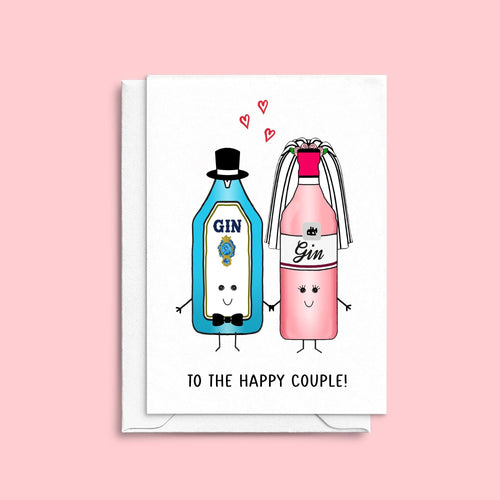 A gin themed wedding card with illustrations of a gin bottle bride and groo