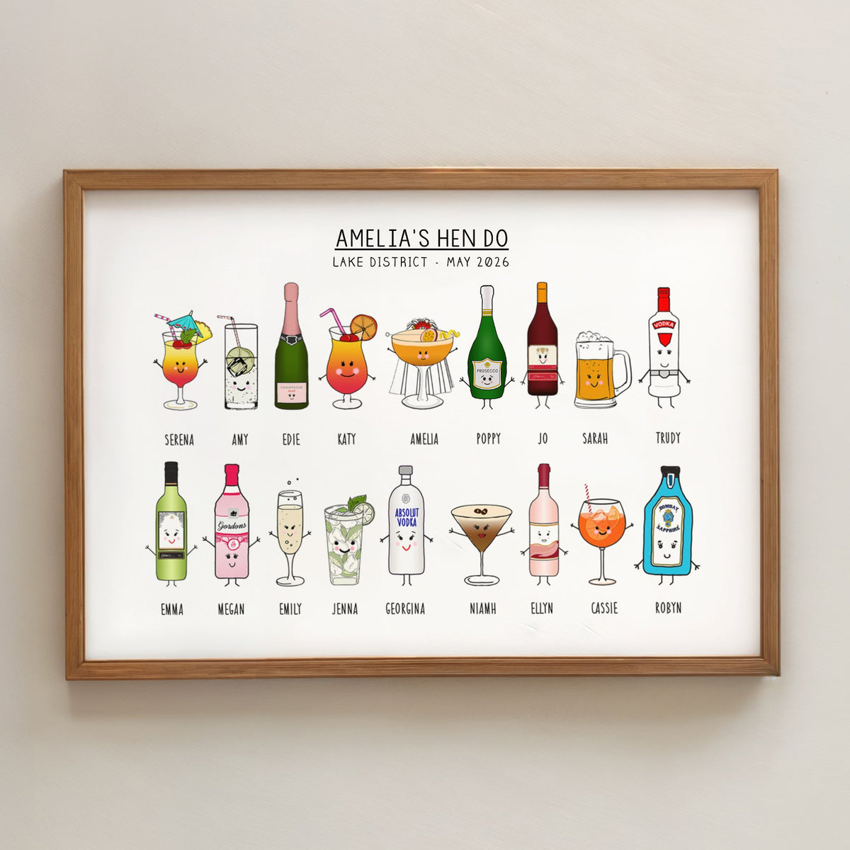 Framed artwork with cartoon illustrations of drinks and names on a white background