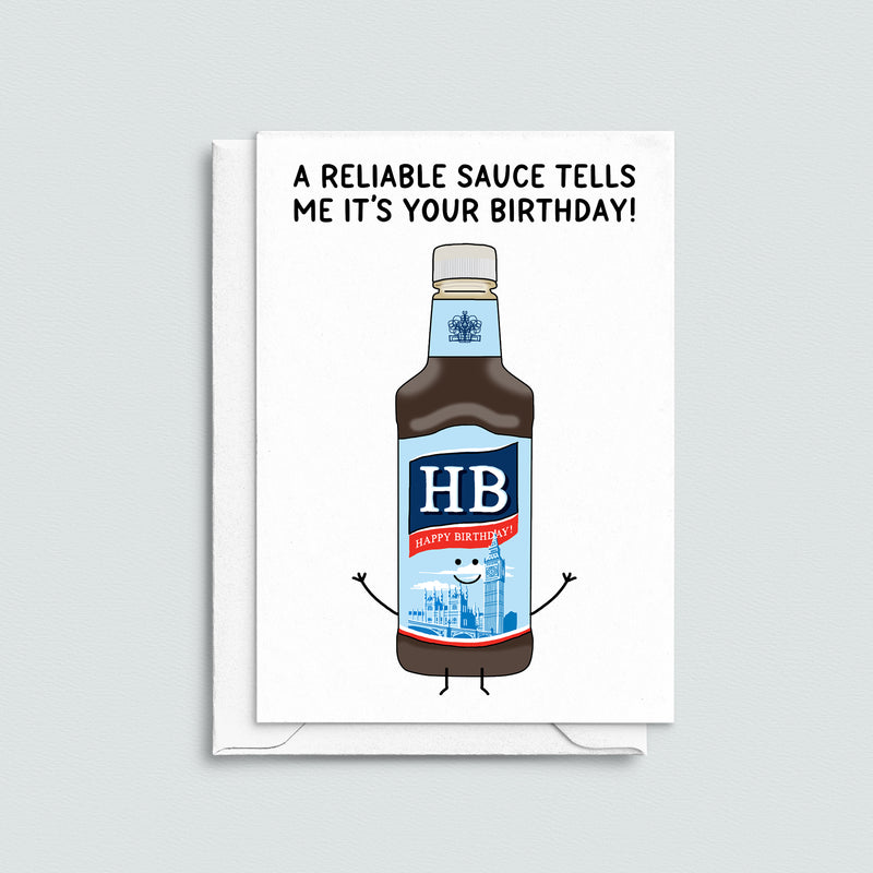 Funny birthday card featuring an illustration of a bottle of HP sauce and a pun