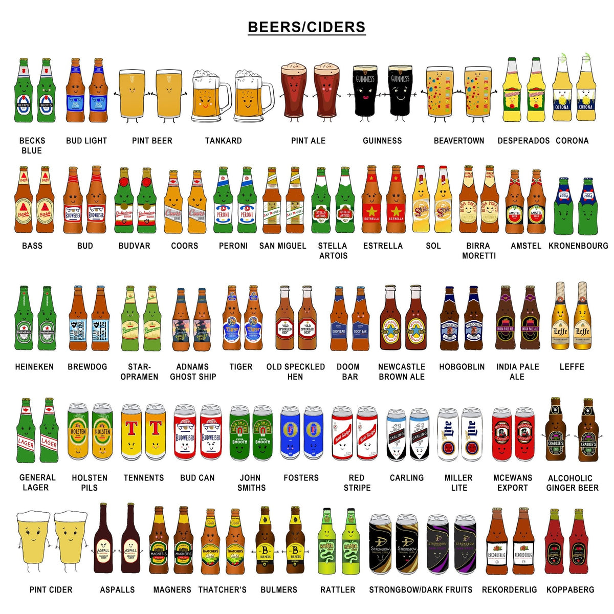 Illustration of various beers and ciders with labels on a white background