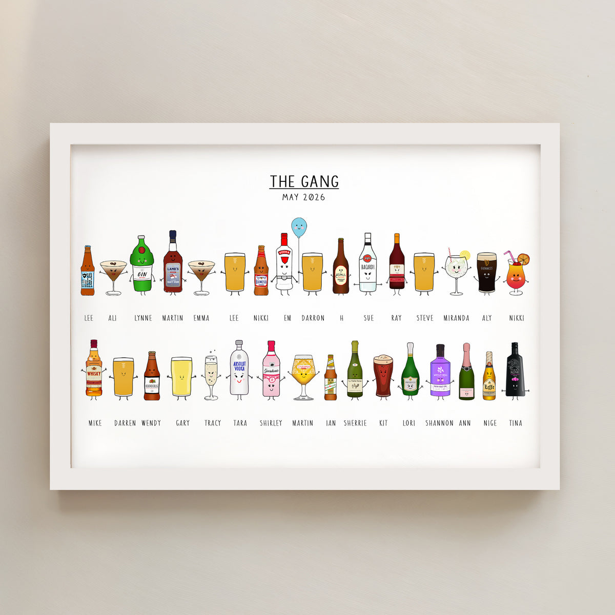 Framed artwork titled 'The Gang' featuring illustrations of drinks on a white background.