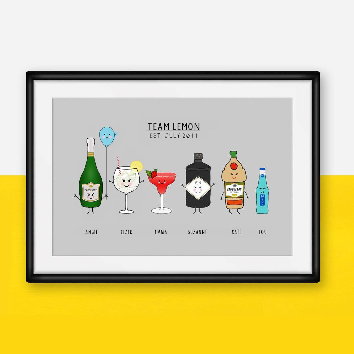 Framed artwork with cartoon characters of drinks and a bottle on a gray background, with 'Team Lemon' text.